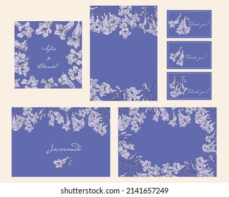 Set templates for Holidays. Blooming branches of Jacaranda tree. Light purple flowers on violet. Hand drawn illustration. Background for design wedding invite menu restaurant greeting card