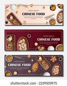 Set of templates horizontal flyers banners.Vector illustration of Chinese food and copy-space."Bean pie" hieroglyphs on cookies.Sale banner, poster, coupon, promotion, restaurant, menu, flyer concept.