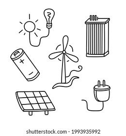 Eine Reihe von Vorlagen für Illustrationen von Energiearten, Symboldesign. Alternative Energien, erneuerbare Energiequellen. Doodle-Design.
