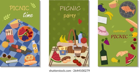 Conjunto de modelos com ilustrações de itens de piquenique. Verão e piquenique na natureza. Cobertor de piquenique, frutas e vegetais frescos. Cesta e garrafa de vinho, livros, grelha. Relaxamento de fim de semana. Vetor