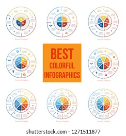 Set templates infographics 3,4,5,6,7,8,9,10 positions, steps, parts, with text area, vector illustration colourful in the form of circle parts. Business pie chart diagram data. 
