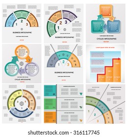 Set templates Infographics for business conceptual cyclic processes on three positions possible to use for workflow, banner, diagram,  web design, timeline, area chart  
