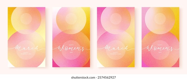 Set of templates for International Women's Day on March 8. Number 8 on gradient background. Juicy spring warm colors, grainy texture. Set of trendy modern cards.