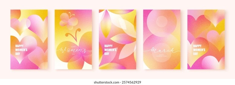 Set of templates for International Women's Day on March 8. Number 8, butterflies, flowers and hearts on gradient background. Juicy spring warm colors, grainy texture. Set of trendy modern cards.