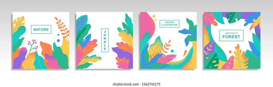 Set of templates for invitation cards, banners, posters or covers. Abstract leaves and flowers. Flat cartoon illustration. Vector elements isolated on white background.