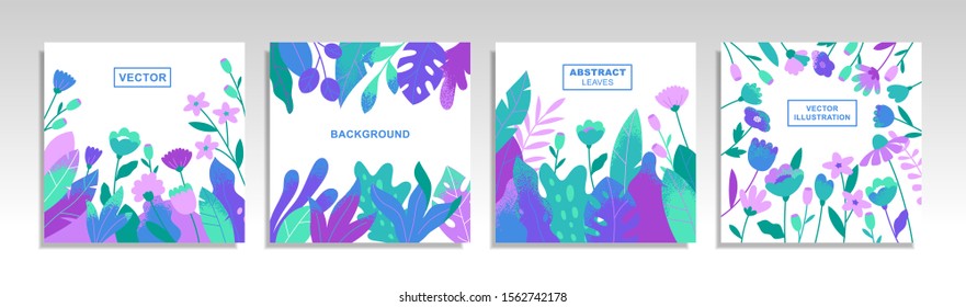 Set of templates for invitation cards, banners, posters or covers. Abstract leaves and flowers. Flat cartoon illustration. Vector elements isolated on white background.