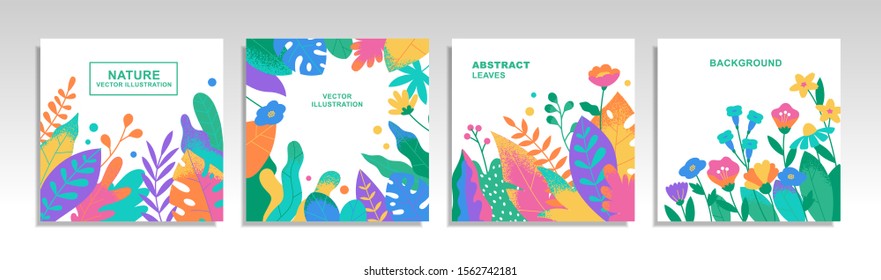 Set of templates for invitation cards, banners, posters or covers. Abstract leaves and flowers. Flat cartoon illustration. Vector elements isolated on white background.
