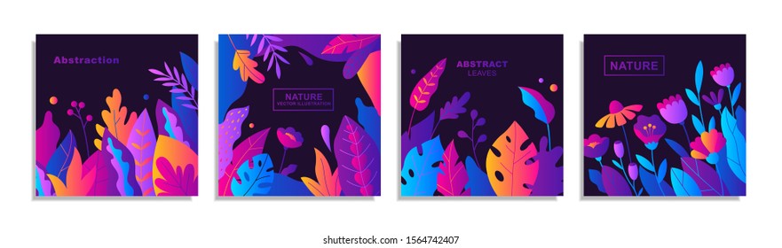 Set of templates for invitation cards, banners, posters or covers. Abstract neon leaves and flowers. Flat cartoon illustration. Vector elements isolated on black background.