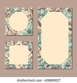 Set of templates invitation for special occasion, wedding, birthday or romantic love day. Tender and cute pastel colors modern graphic hand drawn peony style.