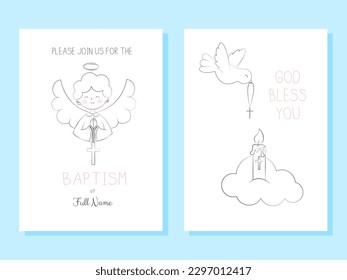 Set of Templates Invitations for Baptism Day Cute Angel Boy Holds a Cross and Dove Peace with Cross Simple Doodle Vector Illustration