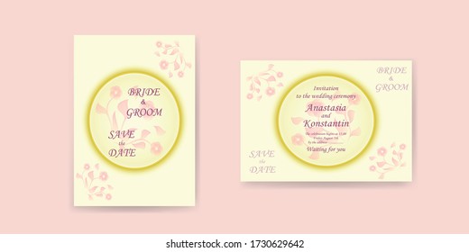 Conjunto de plantillas para invitaciones, tarjetas y cubiertas en colores rosa y amarillo. Imagen vectorial de flores abstractas, eps