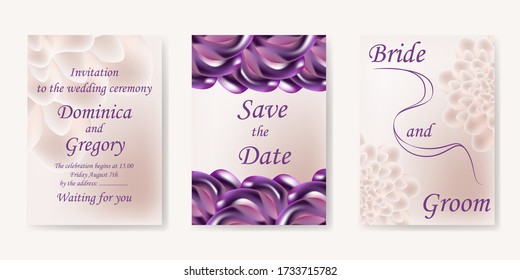 Set of templates for invitations, cards and covers in delicate pastel and purple colors. Vector image of abstract flowers, eps