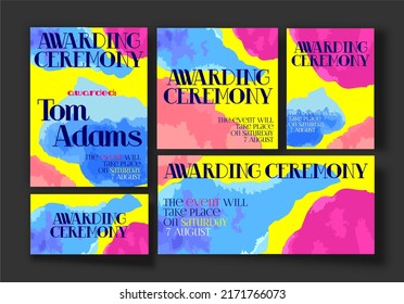 Set of templates for invitations, certificates. Wedding, birthday, party letterhead. Bright colorful invitations. Pink, blue and yellow colors. For print and social networks.