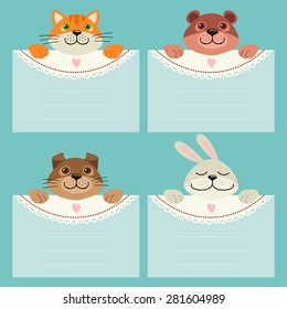 Set templates invitations or greeting cards with animals and pets. Tag collection. Rabbit. Bear. Puppy. Kitten.