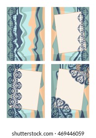 Set of templates for invitations, greeting cards, frames, flyers. The decor in vintage style with design elements and ornamentation in the lace form.