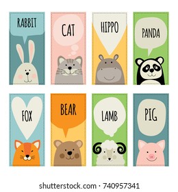 Set templates invitations or greeting cards with animals and pets. Tag collection. Rabbit, cat, panda, hippopotamus, fox, bear, pig, lamb