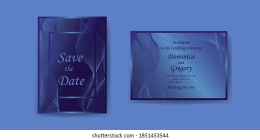 Un conjunto de plantillas para invitaciones, postales y cubiertas. Imagen vectorial de líneas onduladas en azul profundo, eps