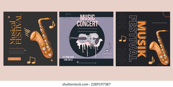 Set of templates for invitations, social networks, posters, cards, banners. Summer festival of live music.