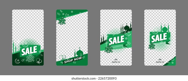set of templates for islamic social media stories. used for ramadhan, Eid Al-Fitr and Eid al-Adha sales presentations, discounts, invitation posters, mobile apps. easy to edit for instagram mockup.