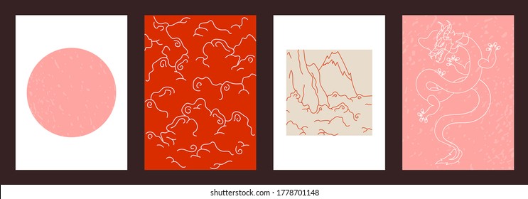 Set of templates in Japanese style. Dragon and clouds texture background, vector illustration.