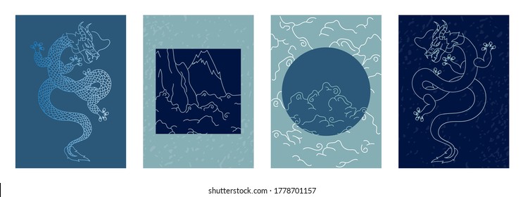 Set of templates in Japanese style. Dragon and clouds texture background, vector illustration.