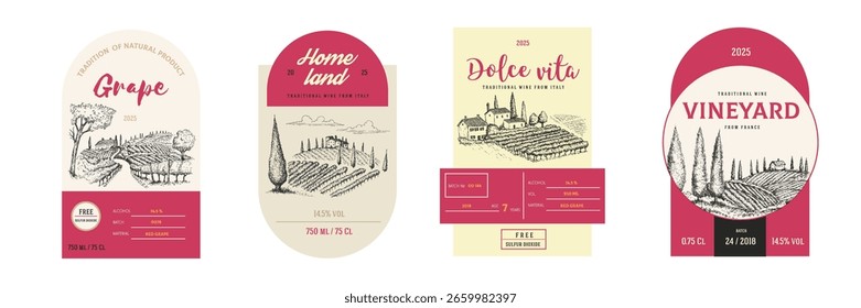 Set Plantillas de etiqueta, Anuncio o pegatina de producto vinícola. Elementos de diseño de colección para bebidas o jugos de marca corporativa. Diversas Ilustraciones vectoriales en estilo de boceto de dibujo a mano.