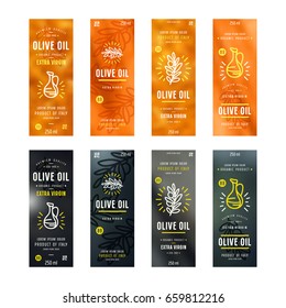 Set of templates label for olive oil. Design elements in thin line style. Print on blurred background