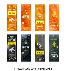 Set of templates label for olive oil. Design elements in thin line style. Print on blurred background