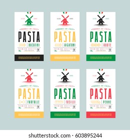 Set of templates label for pasta. Design for pasta bucatini, rigatoni, ruote, farfalle, fusilli and penne