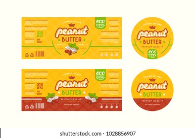 Set of templates label for peanut butter. Illustration with elements in handmade graphics and seamless pattern