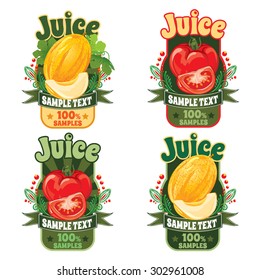 set of templates for labels of juice from the fruit of ripe sweet yellow melon and fresh red tomato