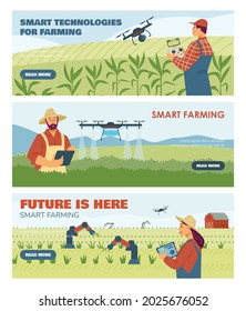 Set of templates for landing page about smart technologies for farming. Characters control robots for farming business. Vector flat illustration. Banners for site.