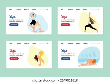 set of templates for the landing page of a yoga or pilates website. The concept of a healthy lifestyle and body balance. Women do yoga and own the body. Vector cartoon illustration for business