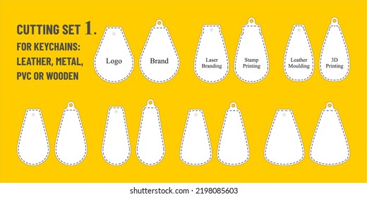 Set of templates for laser cut or mould. Tepmplates for leather, metal, pvc or wooden keychain designs. For metal or leather cutting, fretwork, paper art. cnc stencil. Flat vector illustrations.