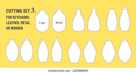 Set of templates for laser cut or mould. Tepmplates for leather, metal, pvc or wooden keychain designs. For metal or leather cutting, fretwork, paper art. cnc stencil. Flat vector illustrations.