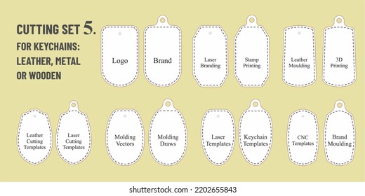 Set of templates for laser cut or mould. Tepmplates for leather, metal, pvc or wooden keychain designs. For metal or leather cutting, fretwork, paper art. cnc stencil. Flat vector illustrations.