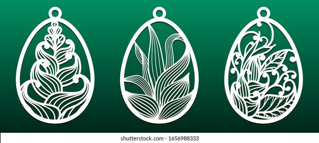 Conjunto de plantillas para corte láser. Pendant, llavero, huevo decorativo de Pascua ornamentado con estampado floral. Para cortar metal o cuero, calzado, esténcil de papel. Ilustración del vector