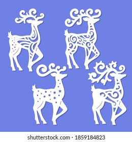 Set of templates for laser cutting Christmas deer. The symbol of the new year. For cutting from any material. For the design of cards, invitations, Christmas tree decorations. elements of entertainmen