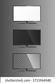 Set Vorlagen von LCD-TV-Monitoren mit weißem, schwarzem und gläsernem Bildschirm, realistische Vektorgrafik einzeln auf transparentem Hintergrund. Videomaterial-Modell.