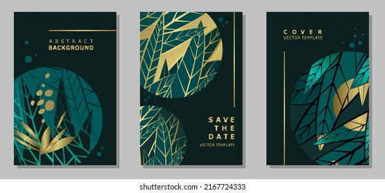 Set of templates with leaves on a dark green background. Group of vertical covers with space for text. Plant elements and leaves in gold and emerald colors. Vector illustration.