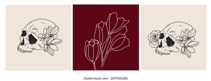 Set of templates with linear drawing human skull, flowers. Botanical element.