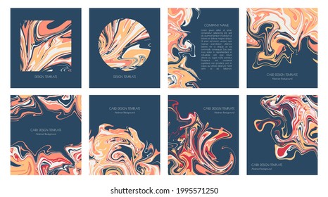 Set of templates with liquid marble or epoxy resin. Fluid art. Modern bright design cards for invitations, covers, fliers, business cards, presentations. Abstract painting for modern background.