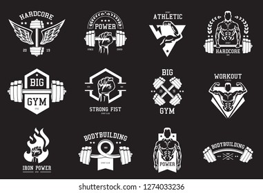 Set of templates logo, label, emblem, badge or branding design for bodybuilding and sport fitness in retro, vintage style. Vector illustration.