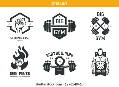 Set of templates logo, label, emblem, badge or branding design for bodybuilding and sport fitness in retro, vintage style. Vector illustration.