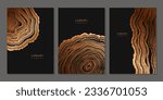 Set of templates. Luxury golden background with wood annual rings texture. Banner with tree ring pattern. Stamp of tree trunk in section. Natural wooden concentric circles. Black and bronze background