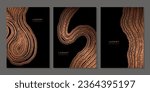 Set of templates. Luxury golden background with wood annual rings texture. Banner with tree ring pattern. Stamp of tree trunk in section. Natural wooden concentric circles. Black and bronze background