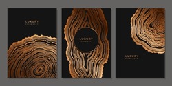 Set Of Templates. Luxury Golden Background With Wood Annual Rings Texture. Banner With Tree Ring Pattern. Stamp Of Tree Trunk In Section. Natural Wooden Concentric Circles. Black And Bronze Background