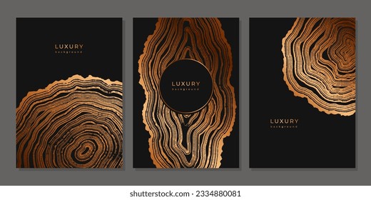 Set of templates. Luxury golden background with wood annual rings texture. Banner with tree ring pattern. Stamp of tree trunk in section. Natural wooden concentric circles. Black and bronze background