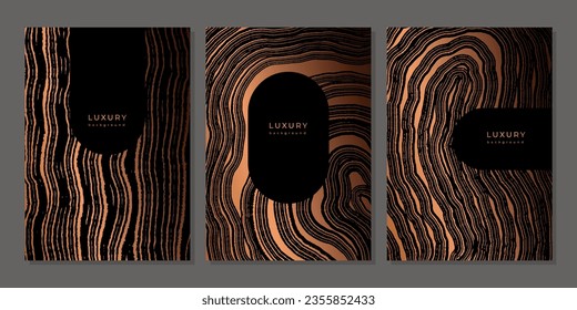 Set of templates. Luxury golden background with wood annual rings texture. Banner with tree ring pattern. Stamp of tree trunk in section. Wooden concentric circles. Black and bronze marble background