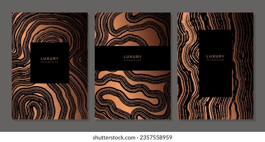 Set of templates. Luxury golden background with wood annual rings texture. Banner with tree ring pattern. Stamp of tree trunk in section. Wooden concentric circles. Black and bronze marble background 